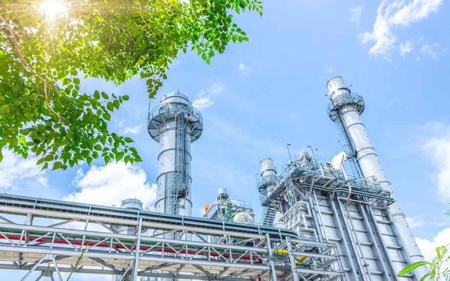 power plant with tree. green industry eco power for sustainable energy saving environmental friendly low carbon footprint.