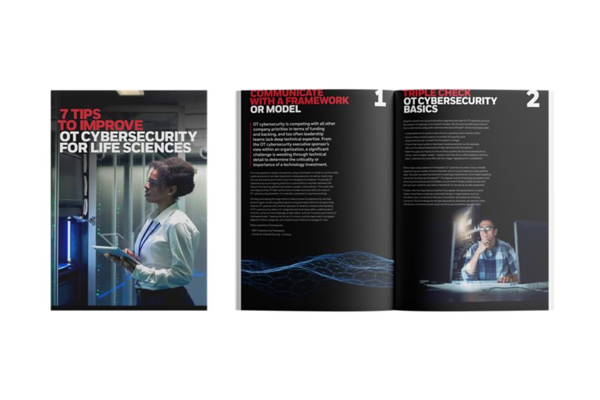 A three-page spread from a cybersecurity guide for life sciences. The cover features a person using a VR headset, while the inside pages highlight tips like understanding maturity models and enhancing cybersecurity skills.