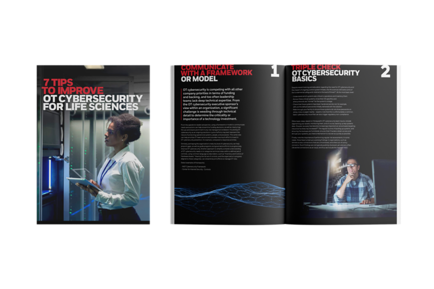 A three-page spread from a cybersecurity guide for life sciences. The cover features a person using a VR headset, while the inside pages highlight tips like understanding maturity models and enhancing cybersecurity skills.