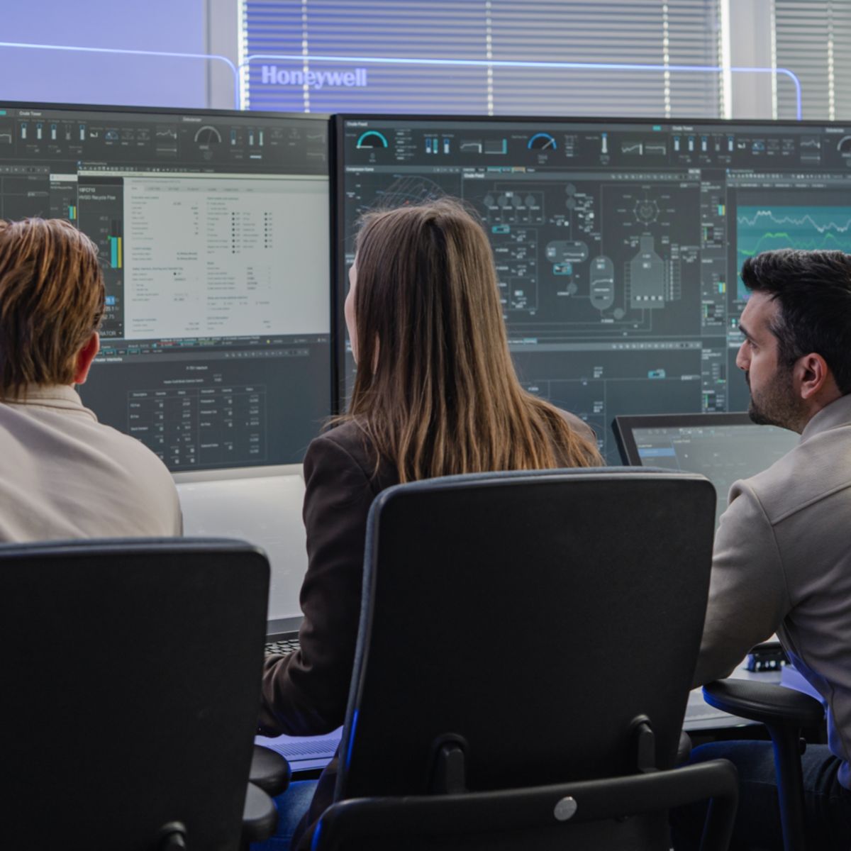 Group monitoring systems in an operations center using advanced displays to oversee performance and ensure efficient processes.
