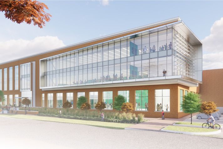 An artist's rendering of a contemporary educational building featuring large glass windows, landscaped surroundings, and people engaging in various activities.