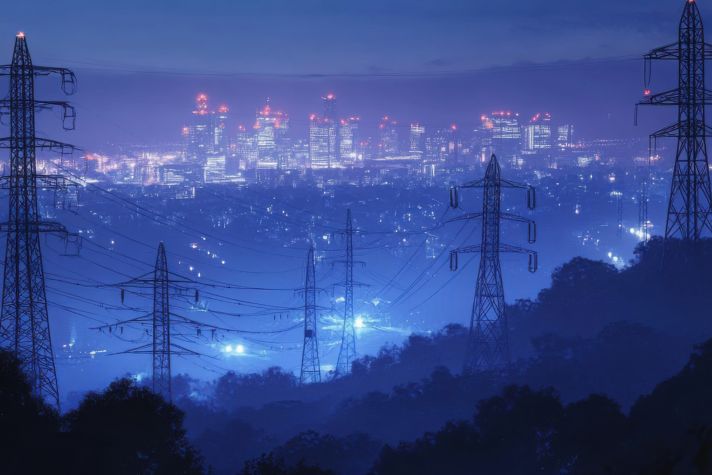 Explore a captivating nighttime cityscape featuring dramatic power lines against a backdrop of glowing buildings