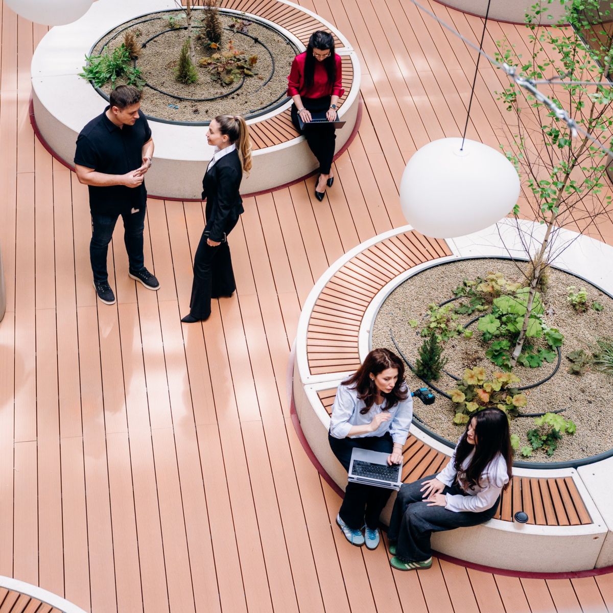 Diverse professionals collaborate and network within a modern, sunlit architectural office courtyard featuring circular seating and planters.