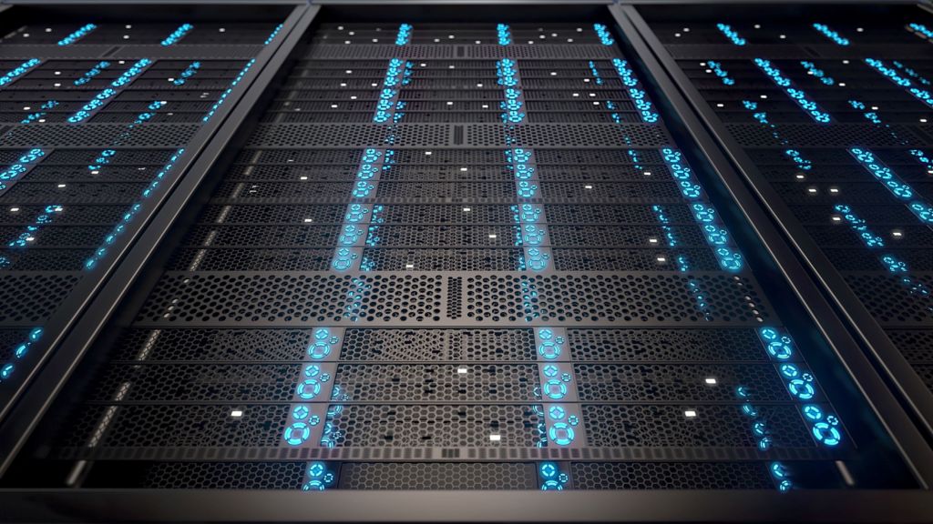 A close-up view of server racks in a data center, featuring blue illuminated lights and a sleek design.