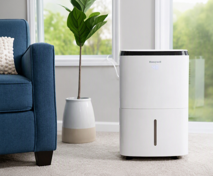 Honeywell white dehumidifier with a digital humidity display positioned beside a blue sofa in a bright living room.