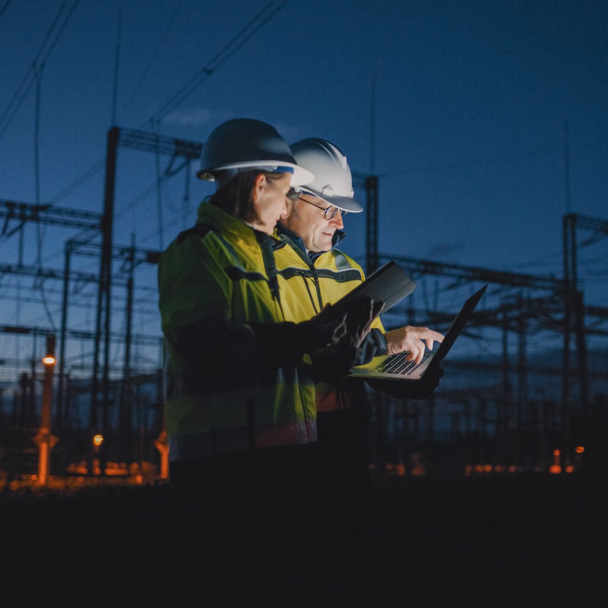 Technician analysing equipment using a tablet in an industrial plant, highlighting predictive maintenance, digital services, and operational efficiency in manufacturing.