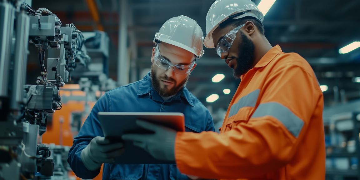Two workers in safety helmets review data on a tablet while inspecting equipment in a busy manufacturing facility, highlighting teamwork and technology use in operations.