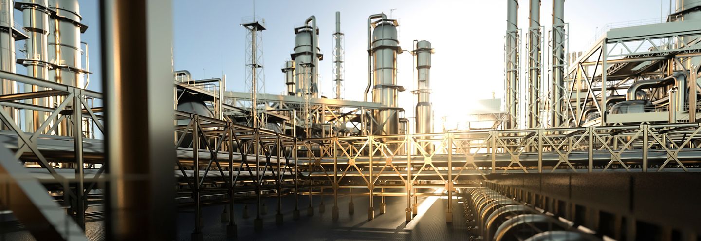 large oil refinery plant at sunrise on a clear day panoramic 3d render