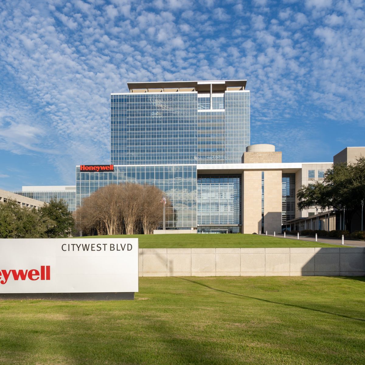 Honeywell office building in Houston, USA. Honeywell International is an American publicly traded, multinational conglomerate corporation.