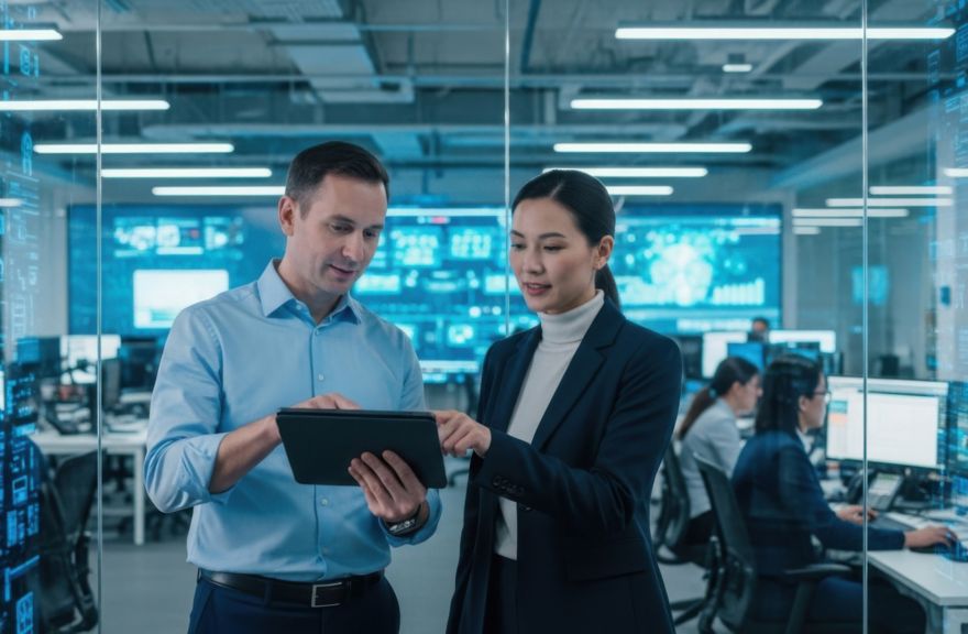 Two professionals discuss data on a tablet in a high-tech office, surrounded by computer workstations.