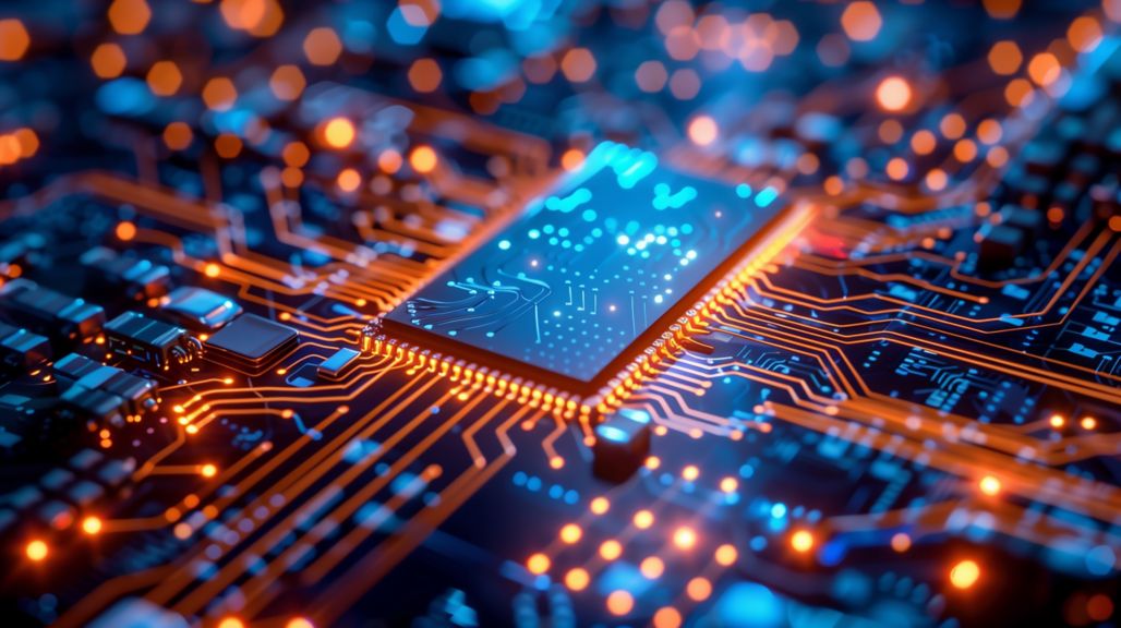 Close up of a high technology futuristic circuit board with neon light.