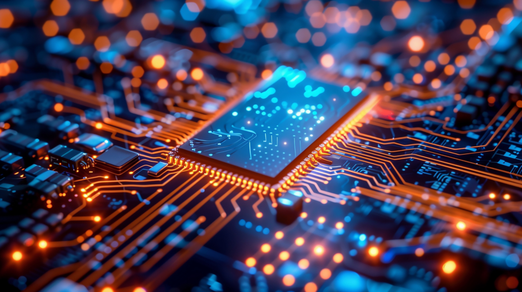 Close up of a high technology futuristic circuit board with neon light.