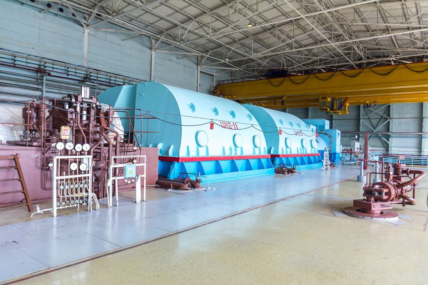 Engine room of steam turbines of the Kursk nuclear power plant