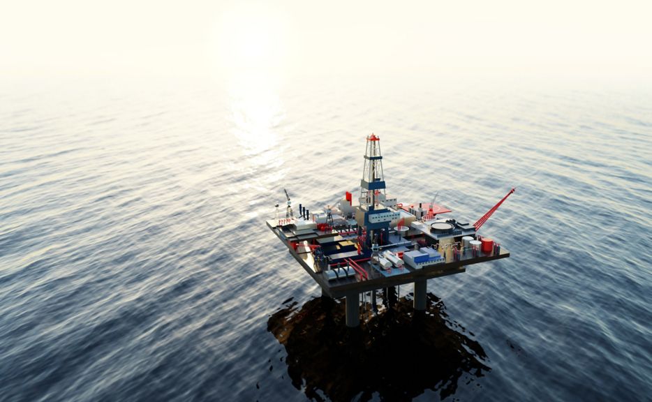 Offshore oil rig,  drilling rig, jack up rig, oil platform at the sea during sunset and neon growth hight charts shoving prices dynamics change. 3D rendering illustration