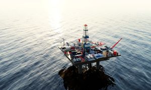 Offshore oil rig,  drilling rig, jack up rig, oil platform at the sea during sunset and neon growth hight charts shoving prices dynamics change. 3D rendering illustration