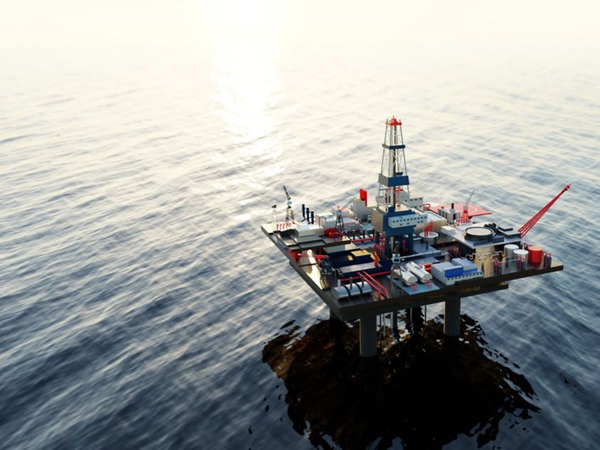 Offshore oil rig,  drilling rig, jack up rig, oil platform at the sea during sunset and neon growth hight charts shoving prices dynamics change. 3D rendering illustration