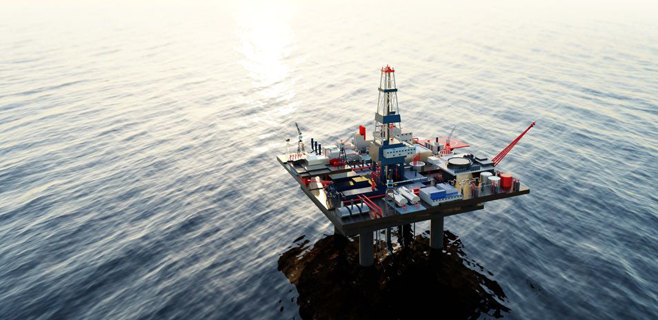 Offshore oil rig,  drilling rig, jack up rig, oil platform at the sea during sunset and neon growth hight charts shoving prices dynamics change. 3D rendering illustration