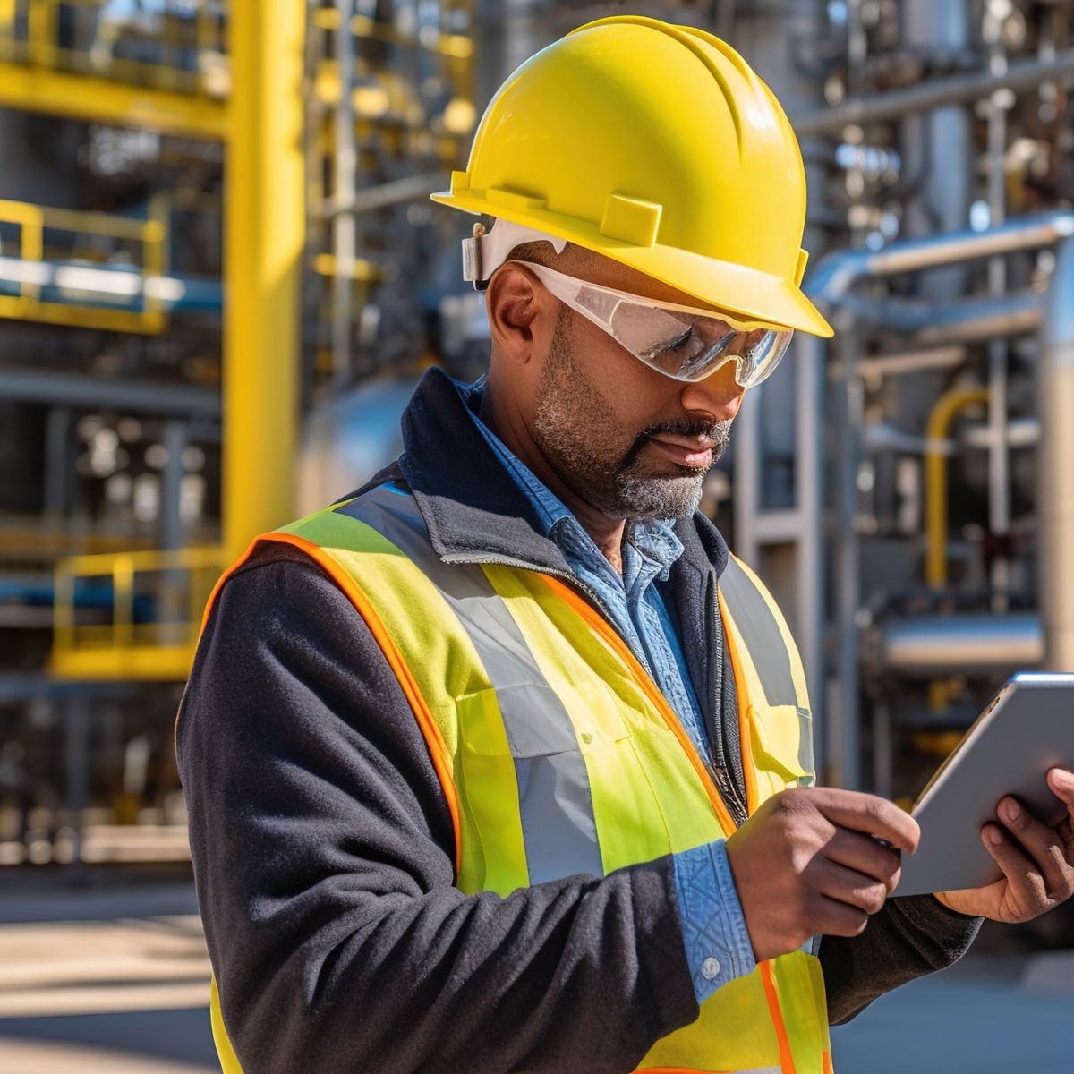 Portrait of refinery worker using tablet and checking oil and gas product quality.