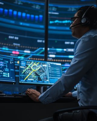 Professional IT Technical Support Specialist and Software Developer Working on Computer in Monitoring Control Room with Digital Screens. Employee Uses Headphones with Mic and Talking on a Call.