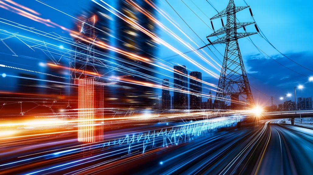 A vibrant cityscape showcasing electric power lines and dynamic light trails, symbolizing renewable energy integration and urban development