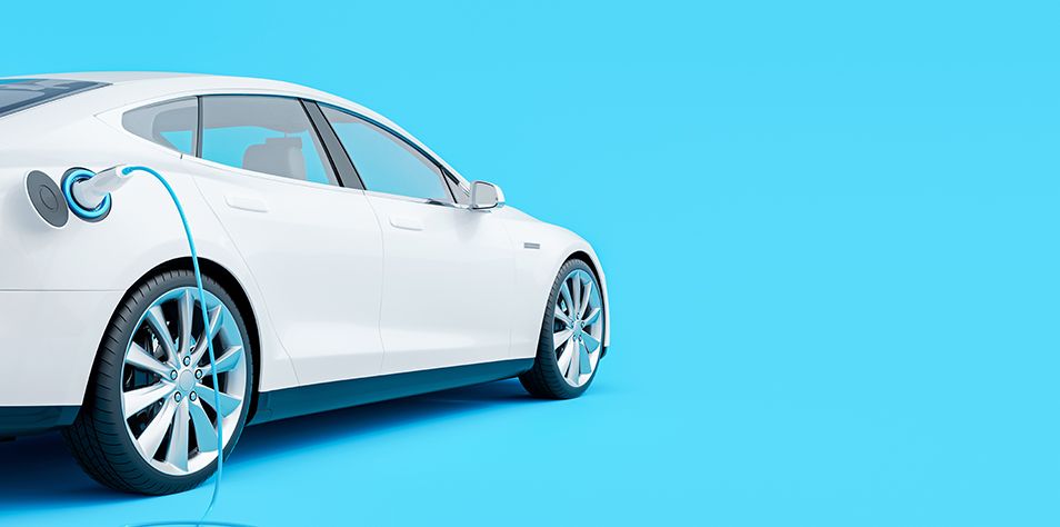 White electric car connected to charger on blue background 3D Rendering, 3D Illustration