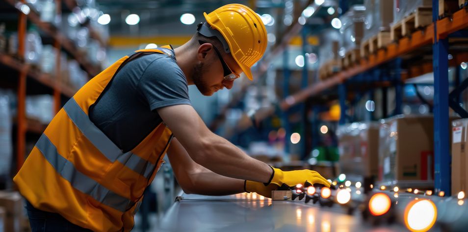 A manufacturing technician operates a control panel in a warehouse environment, surrounded by shelves and equipment—highlighting precision, automation, and industrial productivity.