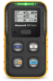 A detailed view of a Honeywell BW Flex4 gas detector, displaying readings for various gases, symbolizing safety in industrial environments.