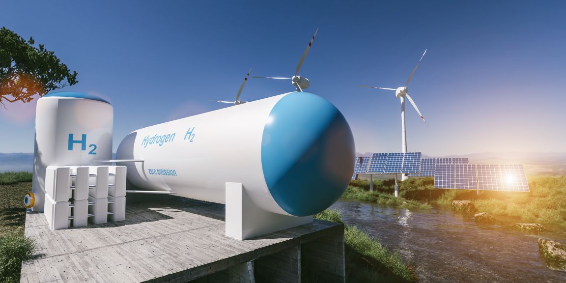 Hydrogen renewable energy production - hydrogen gas for clean electricity solar and windturbine facility. 3d rendering.