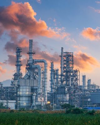 Petrochemical industry on sunset and Twilight sky, Power plant, Energy power station area.