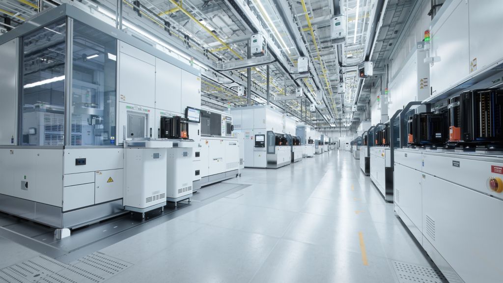 Modern manufacturing facility with automated machines, clean floors, and organized production lines under bright overhead lighting.