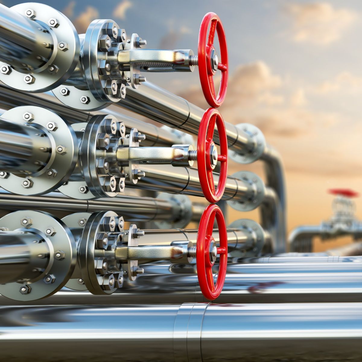 Industrial steel piping system featuring red control valves against a soft sunset sky.