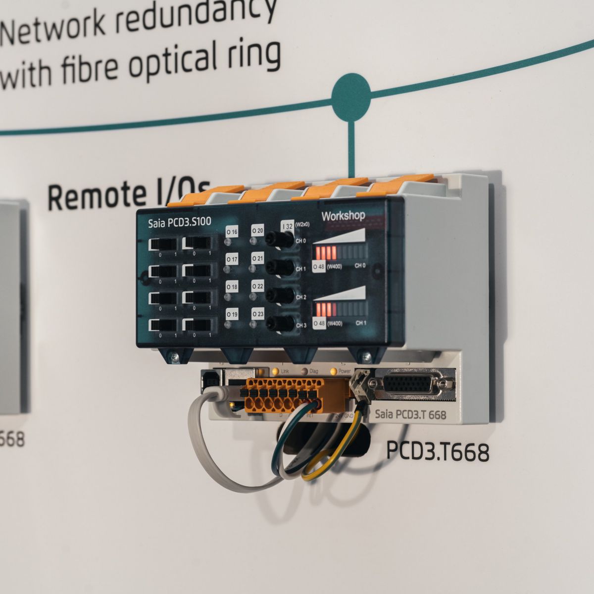 A Saia PCD3.S100 remote I/O module mounted on a display board illustrating industrial network redundancy and automation connectivity.
