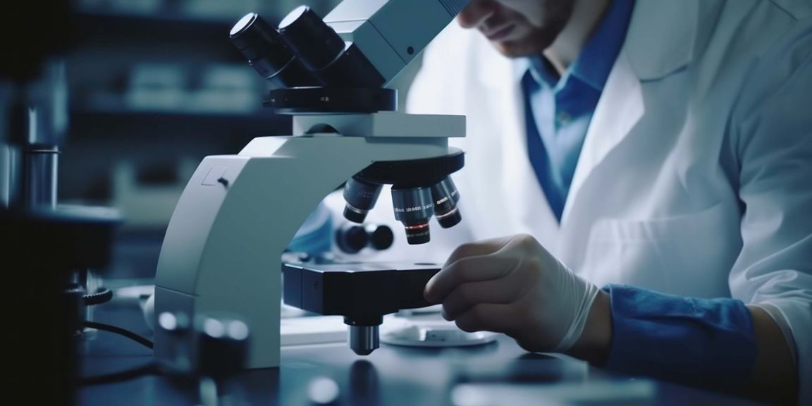 scientist working with microscope in laboratory close up hands, science research and development concept, generative ai