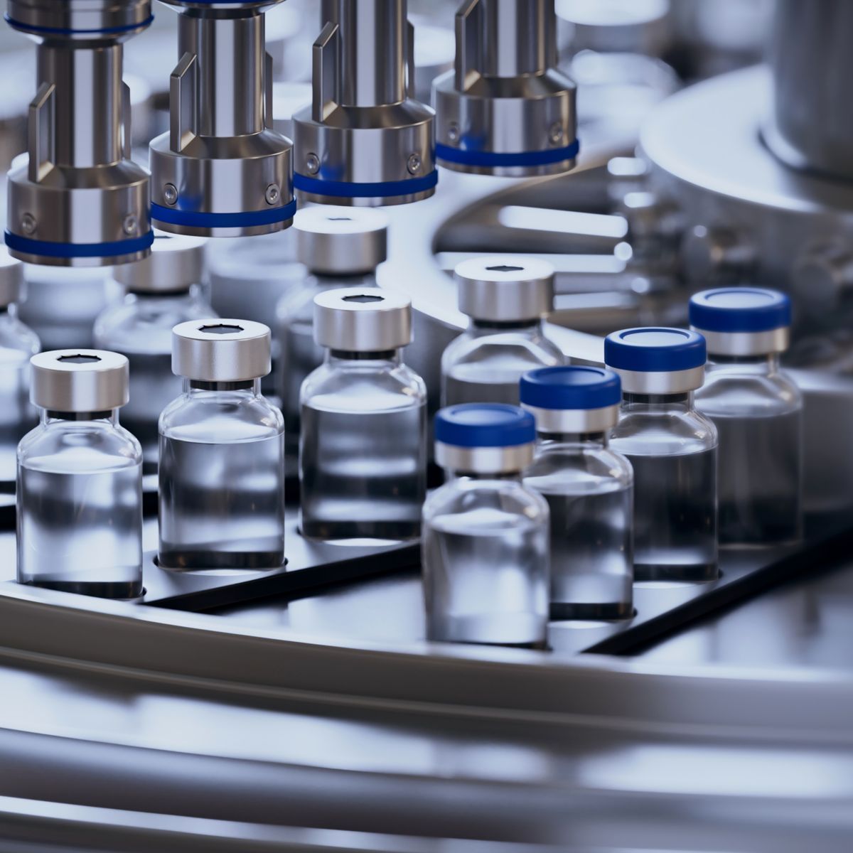 3d render, conveyor with the glass jars, modern pharmaceutical factory. Closeup of ampules are being filled with vaccine and closed with blue caps. Medical wallpaper