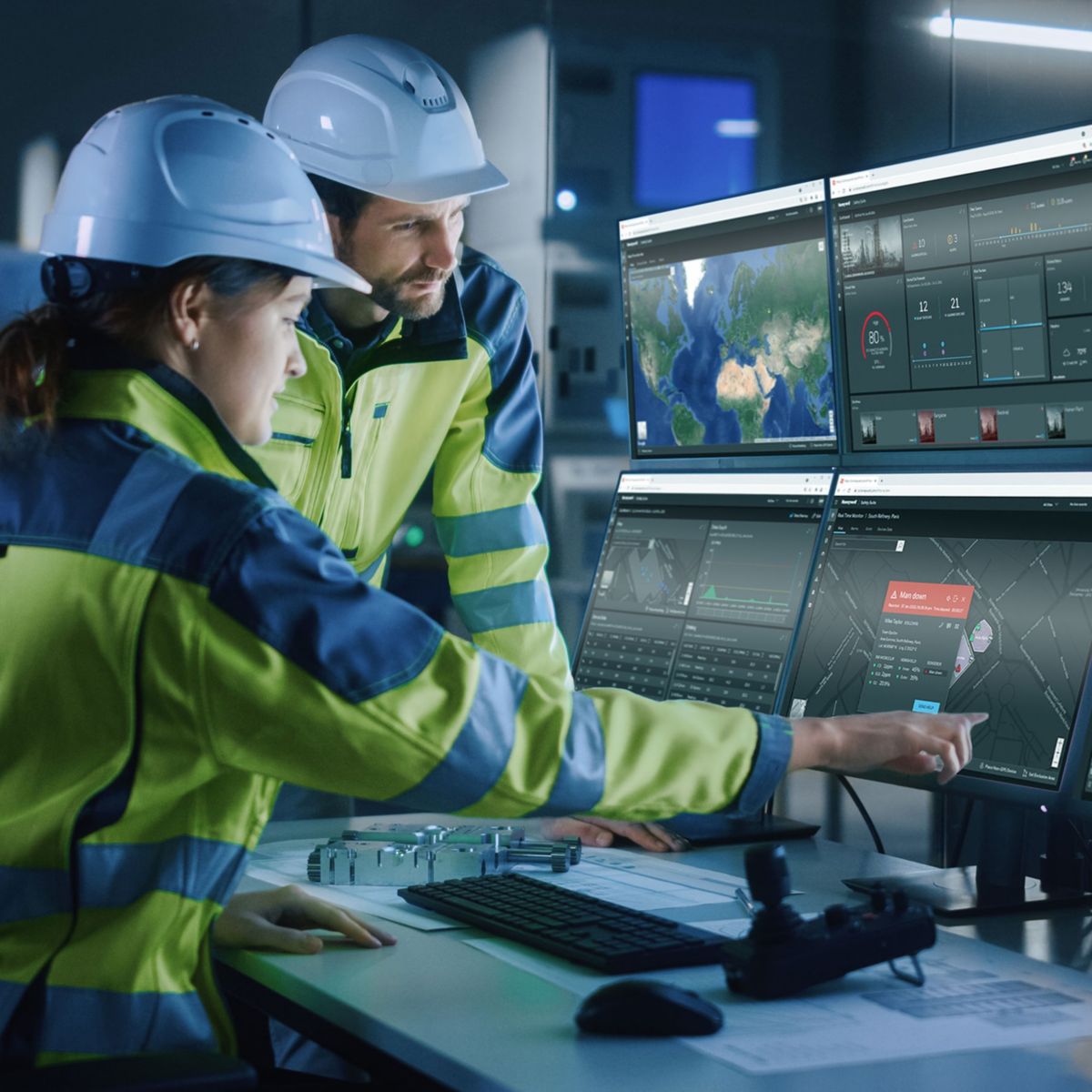 Industry 4.0 Modern Factory: Project Engineer Talks to Female Operator who Controls Facility Production Line, Uses Computer with Screens Showing AI, Machine Learning Enhanced Assembly Process