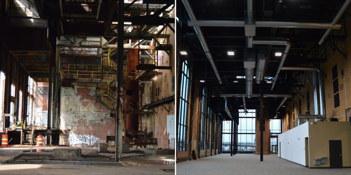 Before and after side-by-side photos of the Buffalo Color plant and its restoration into the Powerhouse.