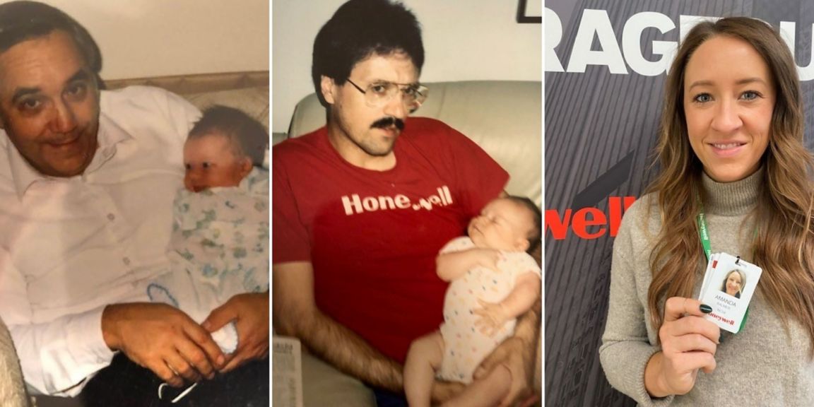 From left to right: Leroy (Joe) Durant with Amanda Balmer; Balmer's dad, Barry Momchilovich, with Balmer; and Balmer in 2021 at the Honeywell headquarters.