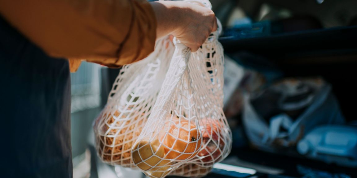 Person holding a reusable mesh bag of produce.