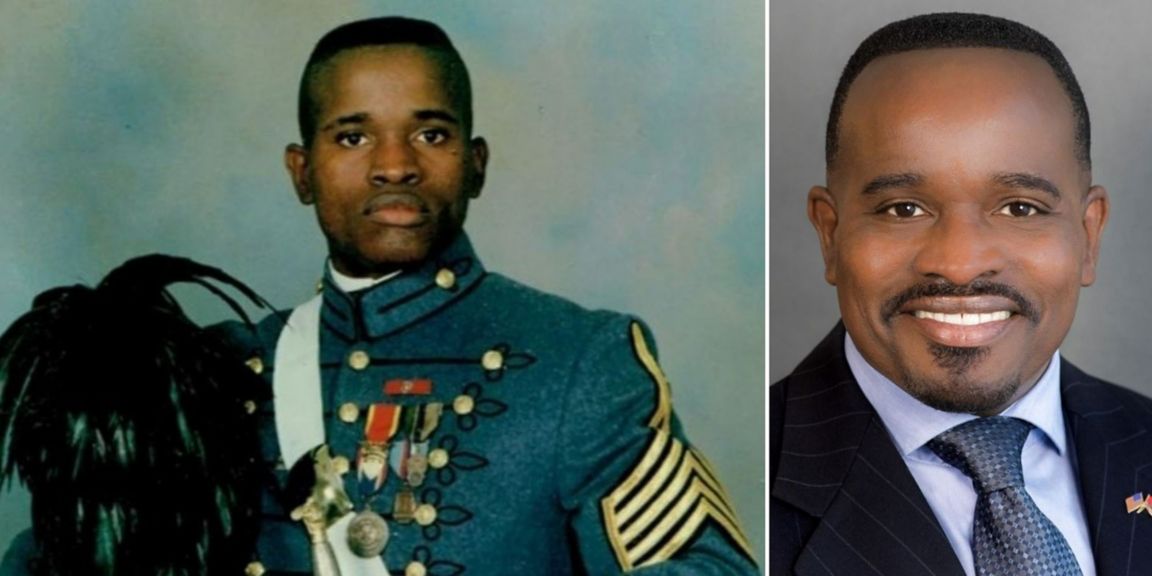 Ricky Freeman's portrait as a student in military academy next to his 2020 portrait.