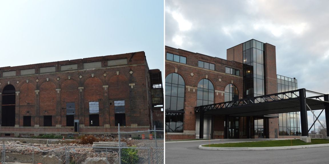 Before and after side-by-side photos of the Buffalo Color plant and its restoration into the Powerhouse.