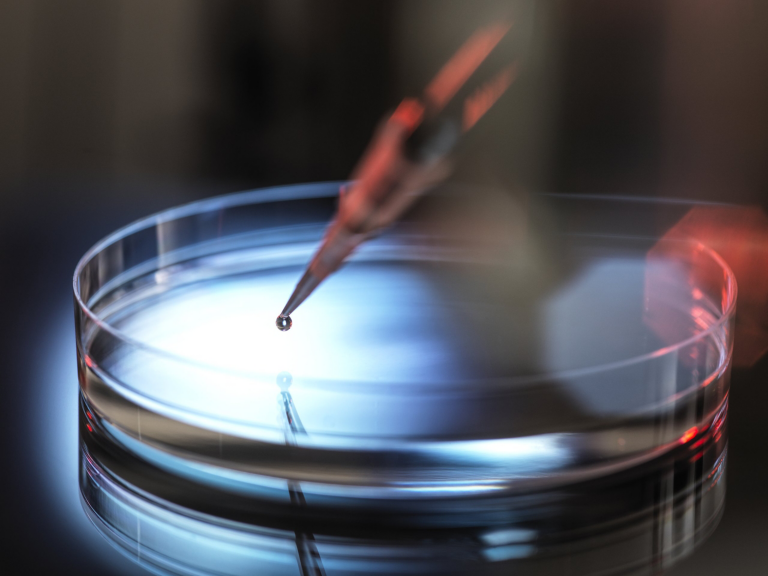 A close-up view of a precision pipette dispensing a liquid drop into a petri dish, symbolizing scientific research and medical diagnostics.