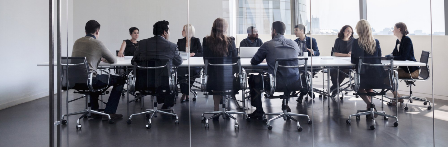 Un grande gruppo di professionisti è seduto attorno a un lungo tavolo durante una riunione.