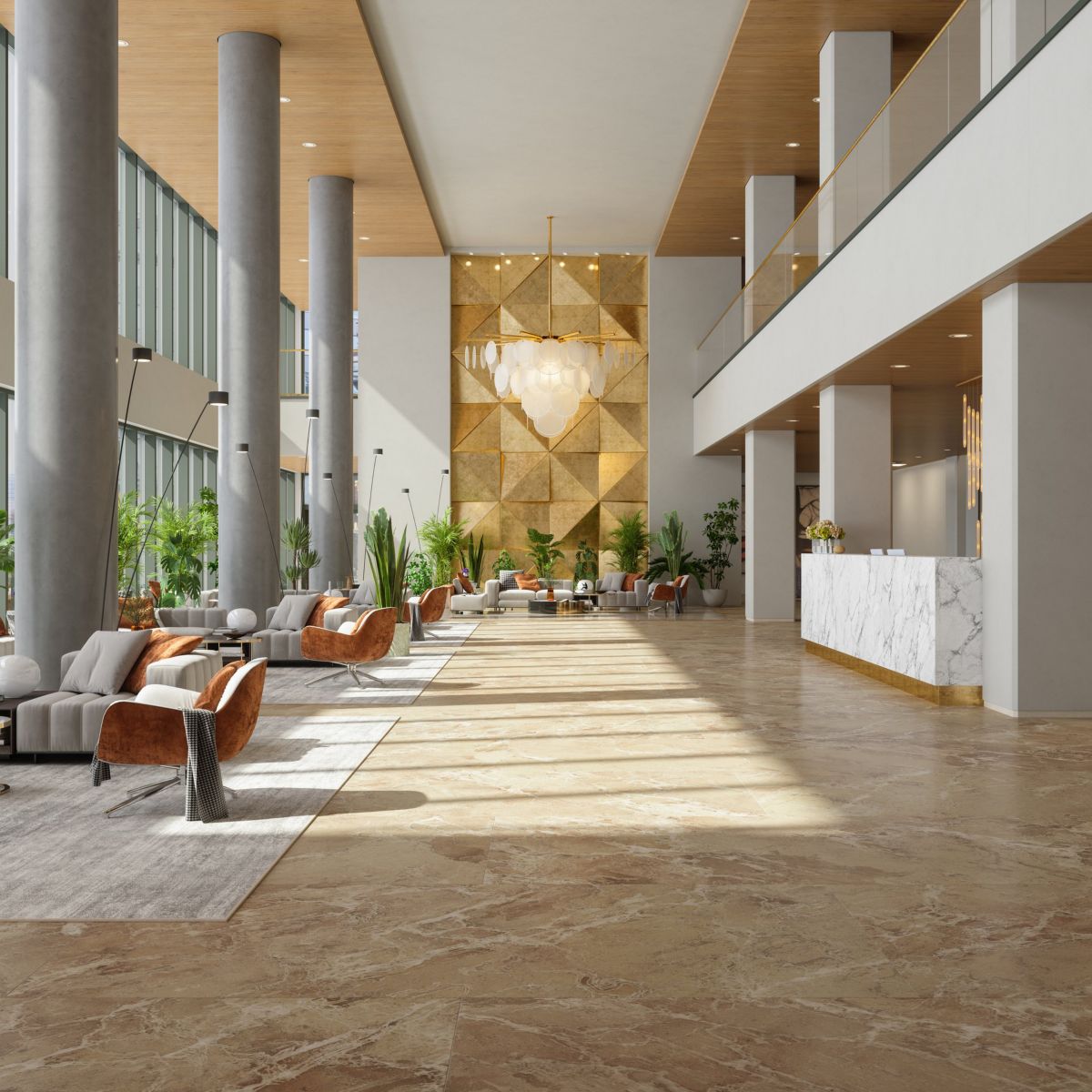 A sunlit, high-ceilinged hotel lobby featuring luxury seating, marble accents, and a striking gold geometric feature wall.