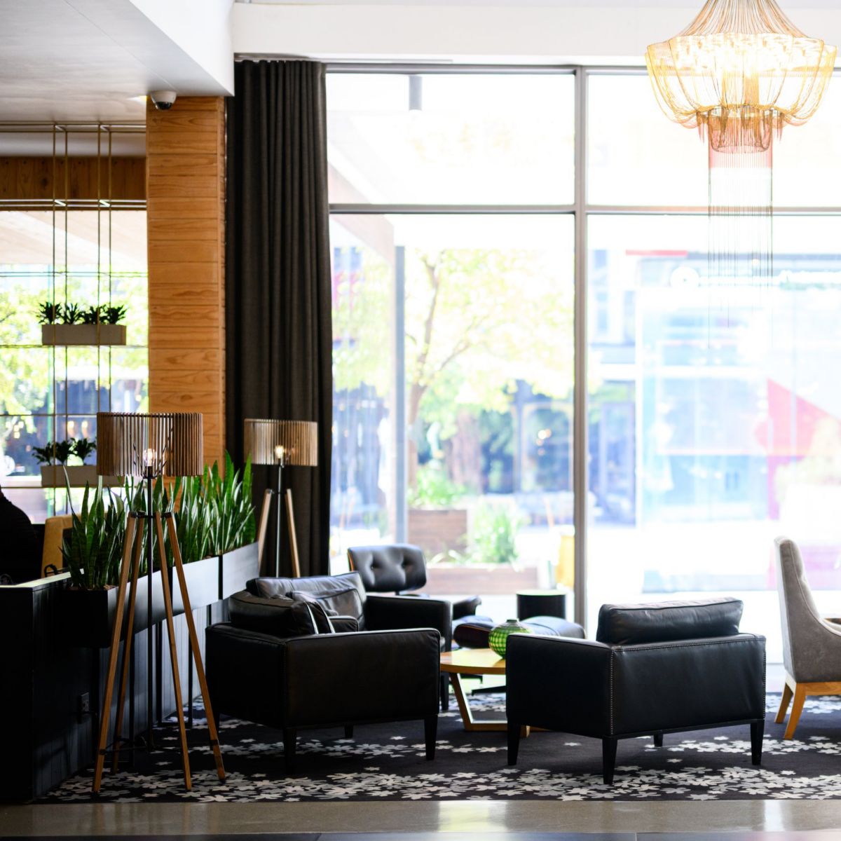 A well-lit, contemporary hotel lobby featuring elegant furniture, a decorative chandelier, and floor-to-ceiling windows overlooking an outdoor area.