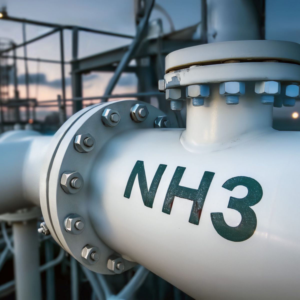 Close-up of an ammonia pipeline marked NH3, showcasing industrial setup against a dusk sky.