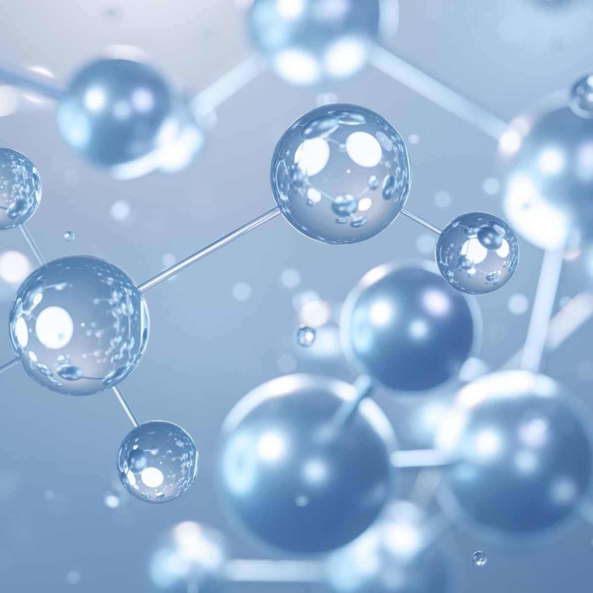 A close-up view of spheres and connections representing molecular structures in a blue-themed abstract design.