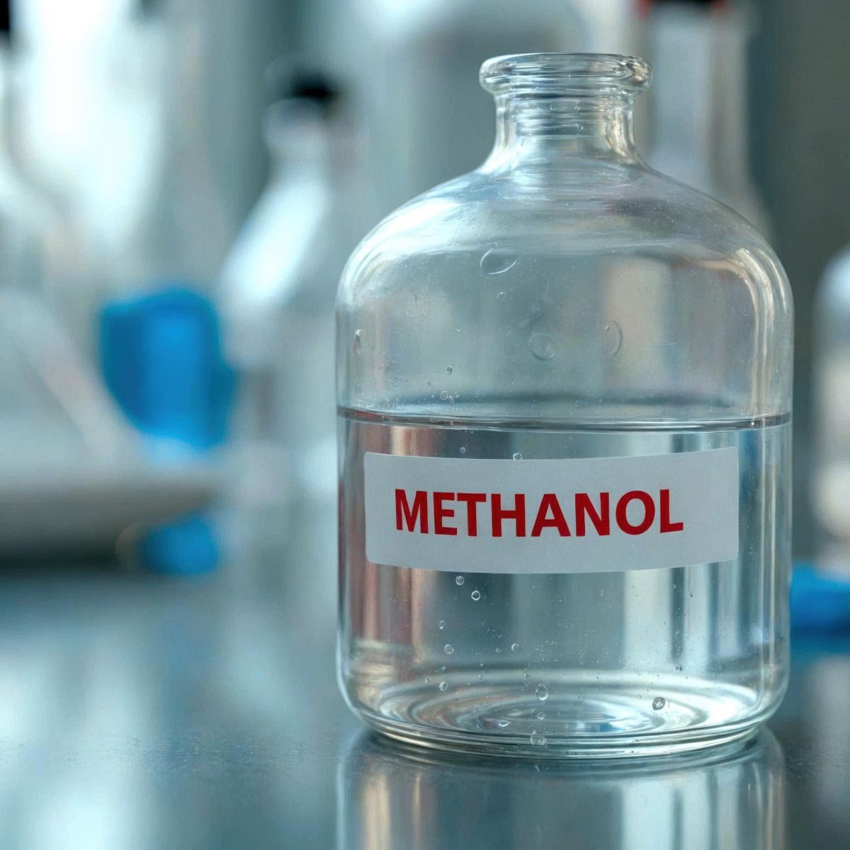 A clear laboratory bottle labeled "METHANOL" prominently displayed with blurred glassware in the background.