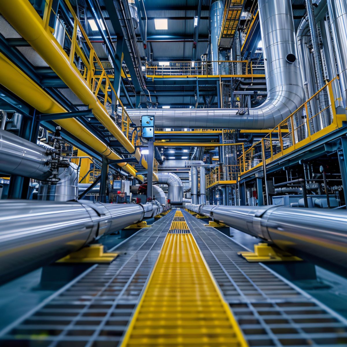 A view of a large industrial facility showcasing an extensive network of silver pipes and yellow walkways.