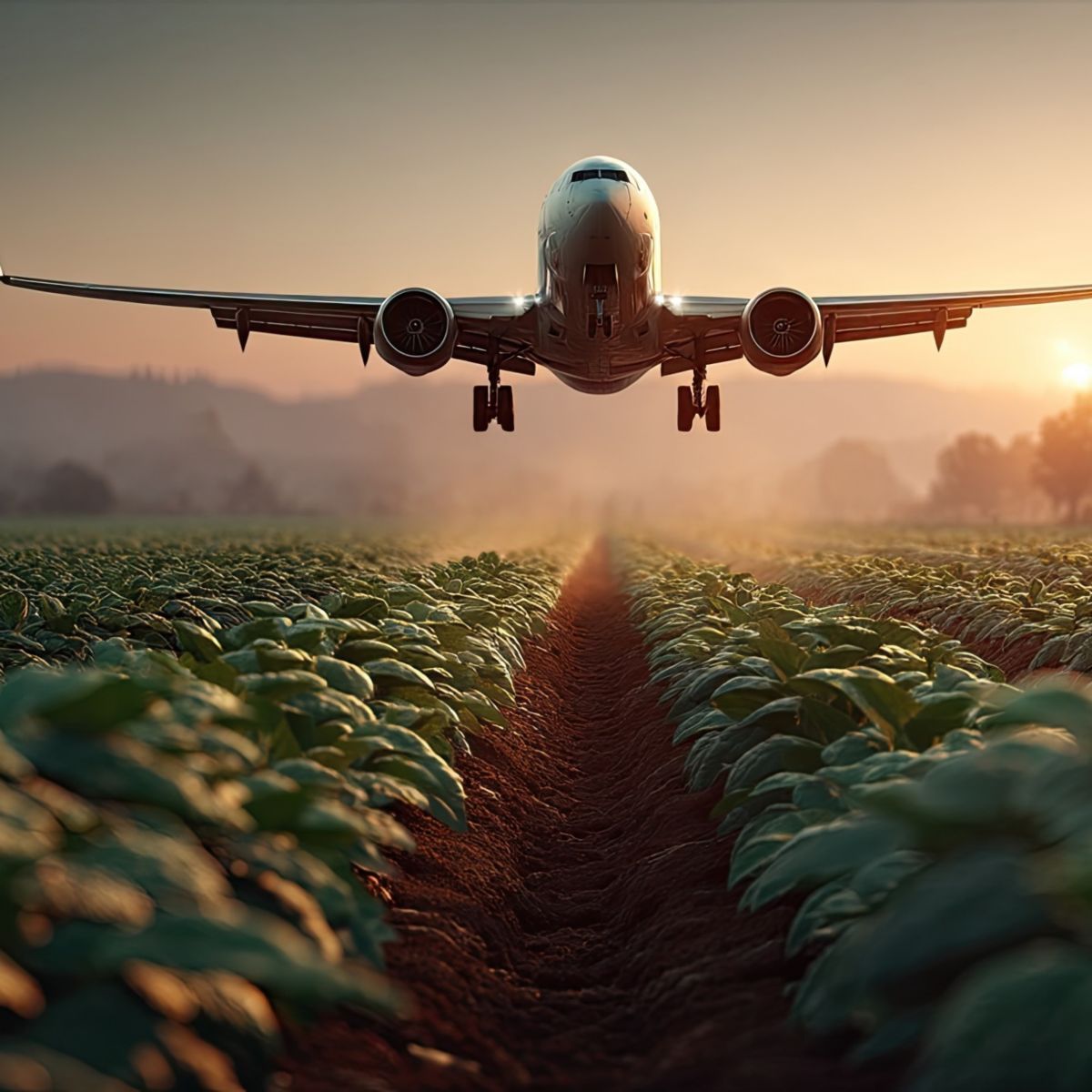 An airplane approaches for landing over thriving crop fields, set against a warm, golden sunset.