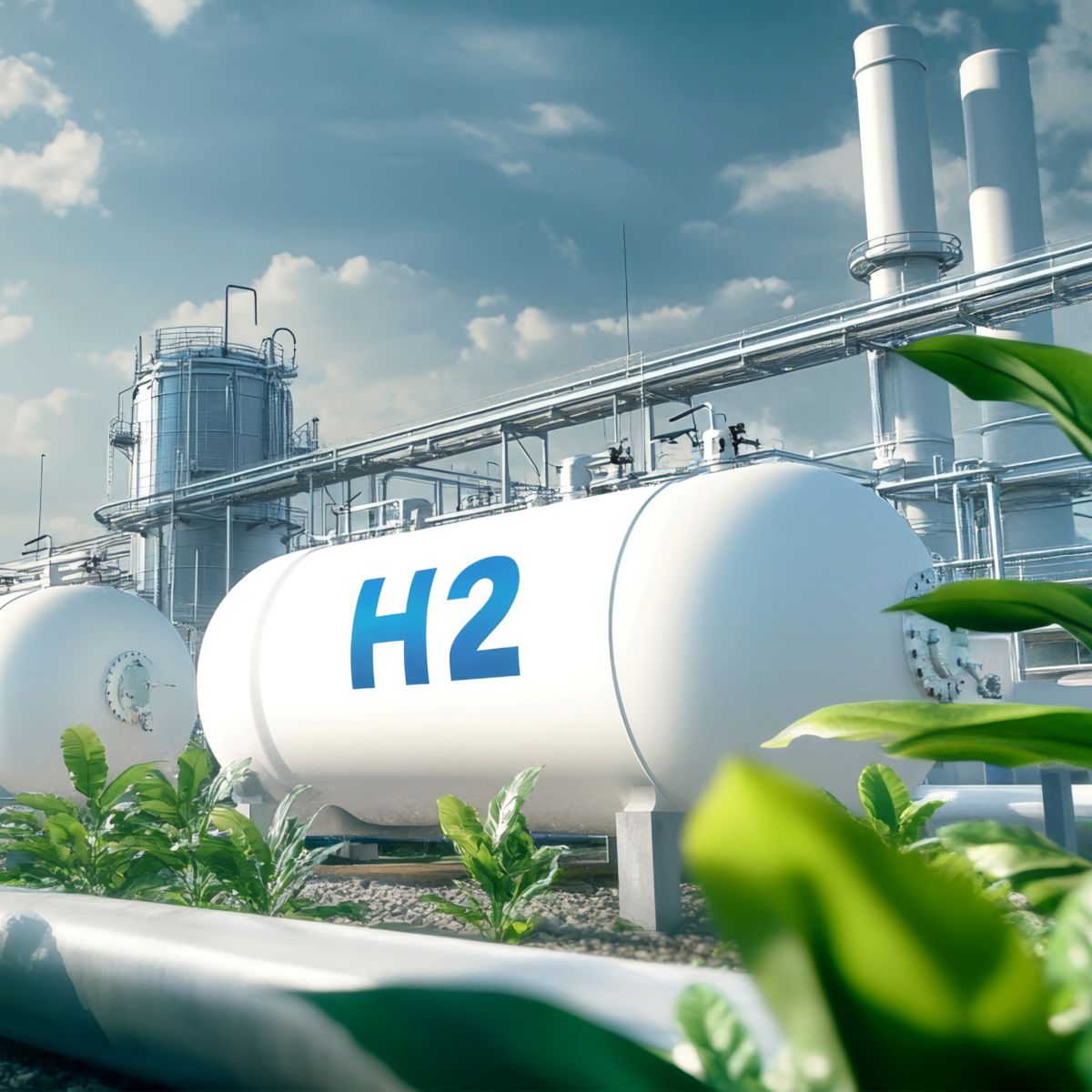 A modern hydrogen production facility featuring large storage tanks, industrial structures, and surrounding greenery.